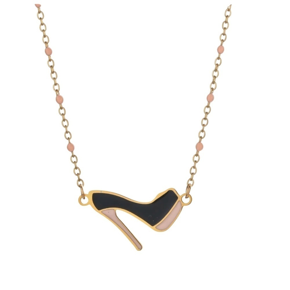Stainless Steel High Heel Pendant Necklace – Pink & Black Enamel Shoe Charm